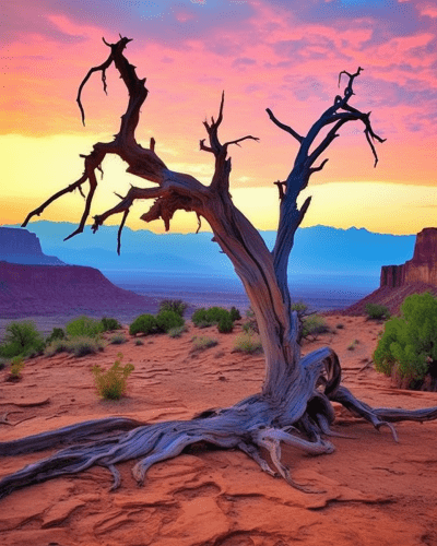 Old tree in desert with mountains and purple-orange tones