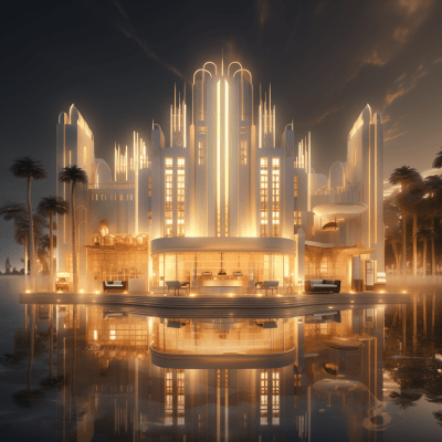 Riverside hotel in soft white and gold light with mystical mood