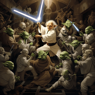 Master Yoda vs Anakin Skywalker battle with clones in hangar