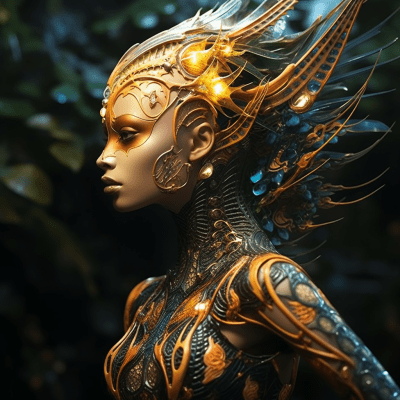 Majestic female alien with bioluminescent gold features