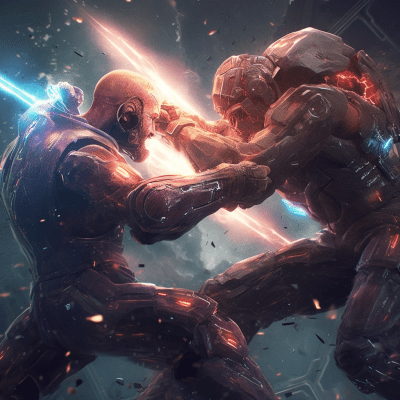 Close-up sci-fi battle scene with intense action and future tech