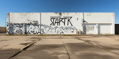 Hyper realistic spray painted ‘STARK’ graffiti on white building