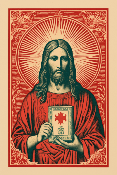 Two-color Jesus illustration with a stamp-like ex libris design