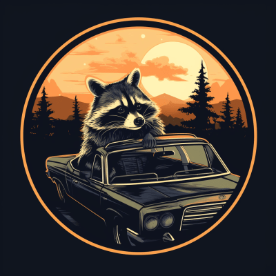 Artsy raccoon on road trip driving vintage car against black backdrop