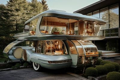 Surreal deconstructed midcentury supercar camper by futuristic home
