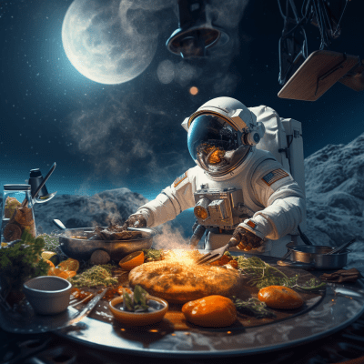 Astronaut preparing meal during interstellar space journey