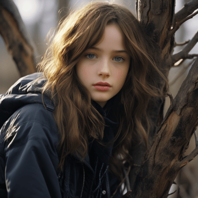 Photorealistic image of a young girl leaning against a tree