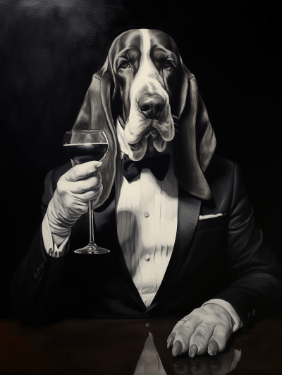 Black and white painting of a basset hound using a mobile phone