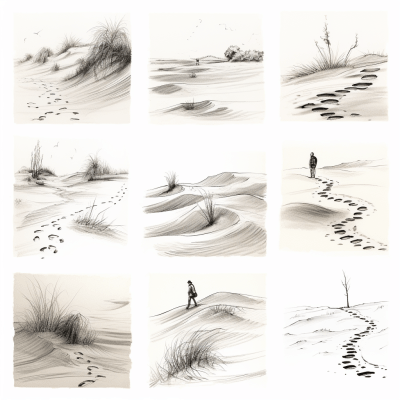 Hand-drawn pencil icon sketches with a casual, sand-like style