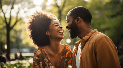 Joyful black couple laughing together in park, moment of happiness