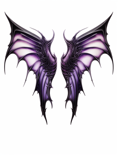 Symmetrical demon wings in purple, silver, and black on white