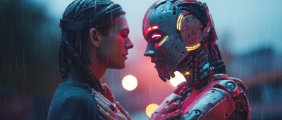 Two robots dancing in rainy retro-futuristic neon cyberpunk scene