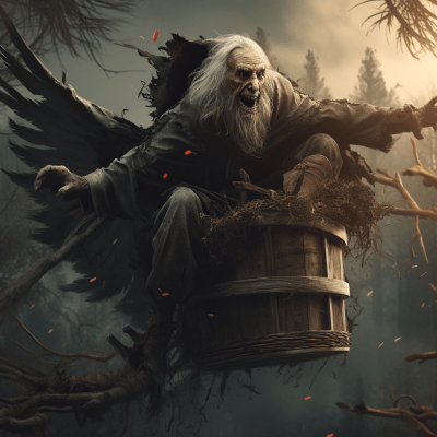 Mystical Baba Yaga flying in a wooden trash can over dense forest