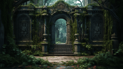 Lost Library of the Gods with Overgrown Foliage and Stone Path