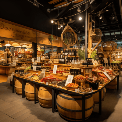 Bustling gourmet market with international food stalls and aromas