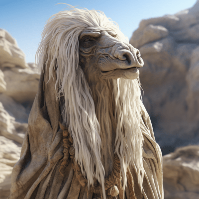 Photorealistic image of Mystic from The Dark Crystal with warm light