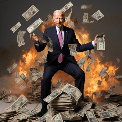 President Joe Biden holding cash against climate crisis backdrop
