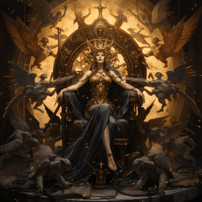 Amorphia, false goddess of beauty, on throne with admiring subjects
