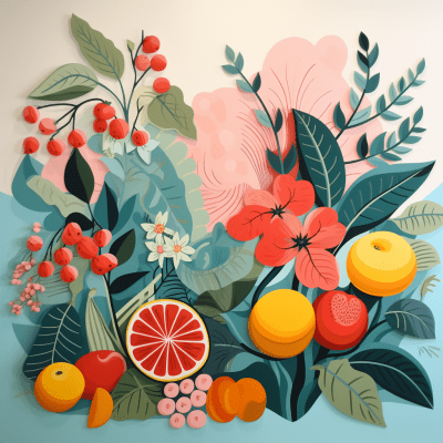 Artistic composition with fruits, vegetables and pastel tiles