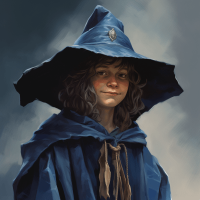 Whimsical young wizard in oversized hat and blue robe