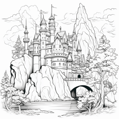 Black and white castle coloring page in a tranquil natural setting