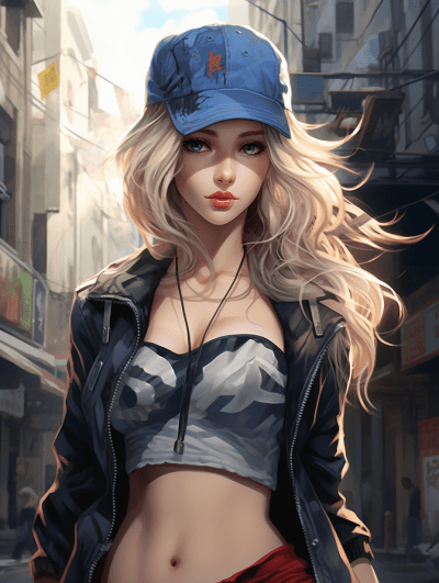 Anime-style girl with blonde and blue hair in sporty outfit on street