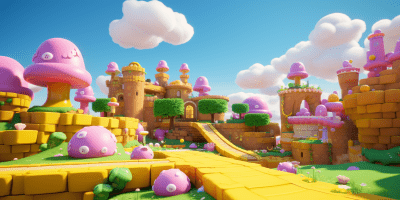 3D platform game scene with yellow ground, pink and green shapes