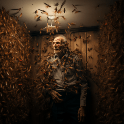 Haunting image of an emaciated elderly man with swarming insects