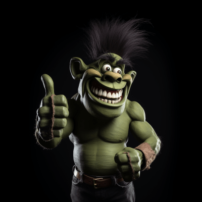 Troll with smartphone giving thumbs up on black background