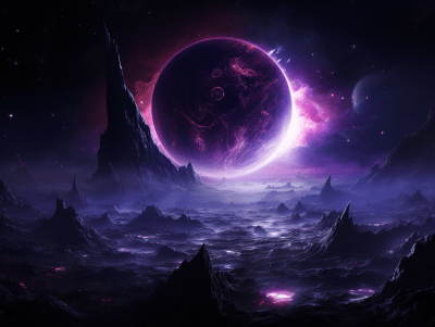 Alien planet with crescent shape and purple orb in dark sky