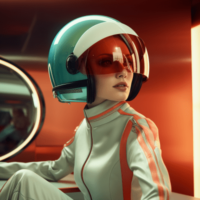 Fashion woman in futuristic outfit with helmet computer at a stylish cafe