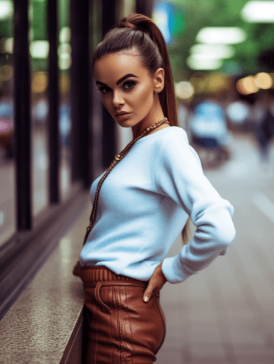 Photorealistic street style portrait of a woman by Sony alpha 7R V