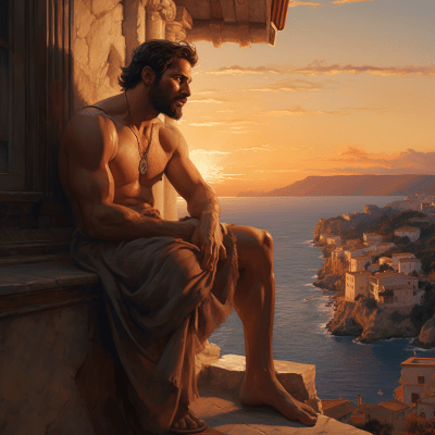 Muscular ancient Greek man leaning on pillar overlooking the sea at sunset