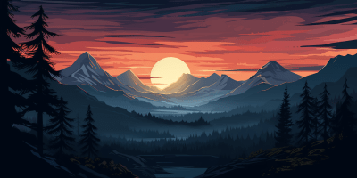 Captivating royalty art of sunset silhouette with mountains and trees