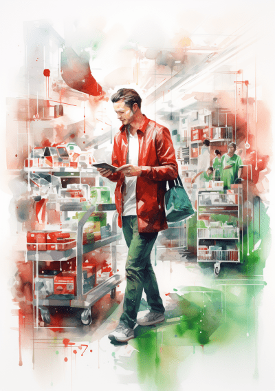 Vibrant watercolor of green AI and red retail elements on white