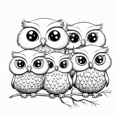 Cute baby owls illustration with big eyes for coloring book