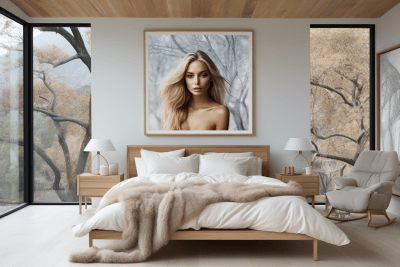 Cozy modern bedroom with a large framed photograph in whites and greys