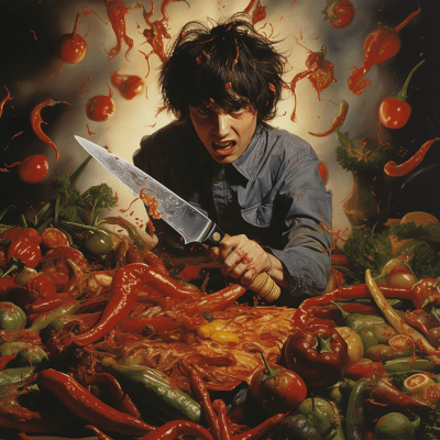 Hyper-realistic 80s style image of a man cutting chillies with anger
