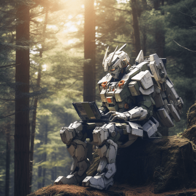 Gundam robot kneeling in forest with pilot and soldiers at sunset