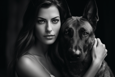 Black and white photo of a woman with a Belgian Malinois dog
