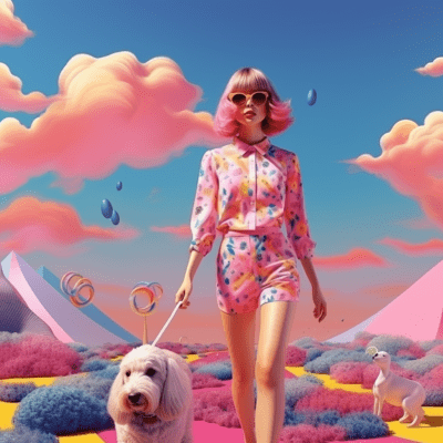 Whimsical artwork of woman walking dog in a vibrant, surreal landscape