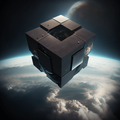 Futuristic black cube spaceship hovering over Earth with cyberpunk vibe