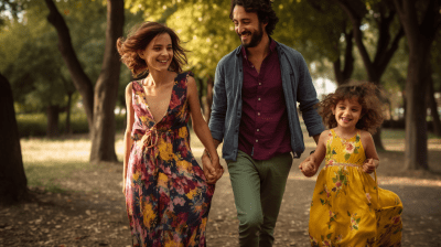 Happy family walking in a park in a cinematic 16 by 9 photo