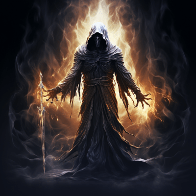 White grim reaper in a vibrant, ominous digital illustration