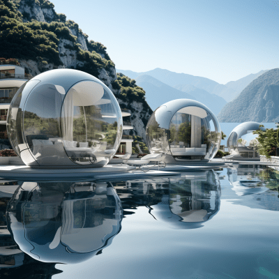 Serene mountain base resort with white and blue cottages by a river