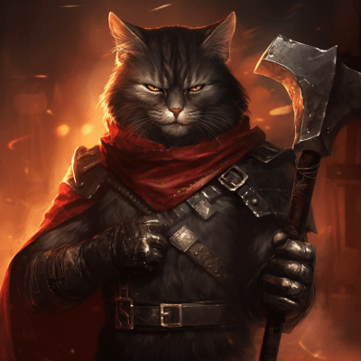 Warrior cat in blacksmith attire with hammer and fiery background