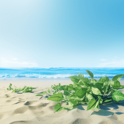 Serene light green and blue leaves on a sandy beach for a calming vibe