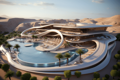 3D illustration of a unique three-floor hotel with pool in the desert