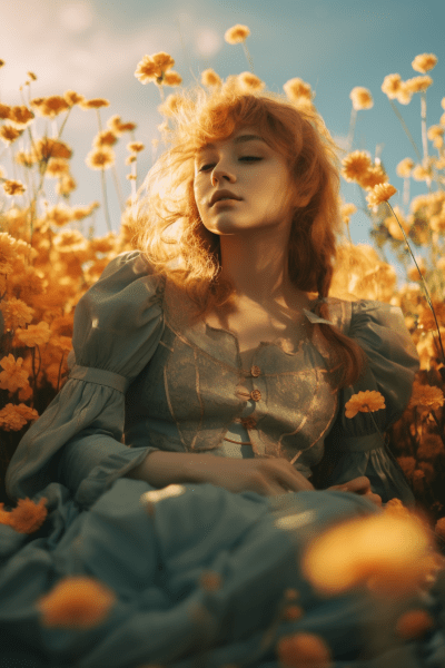 Anime-style Alina Starkov in a sunny flower field with Y2K hues