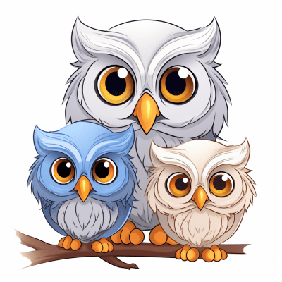 Cute baby owls illustration with big eyes for coloring book